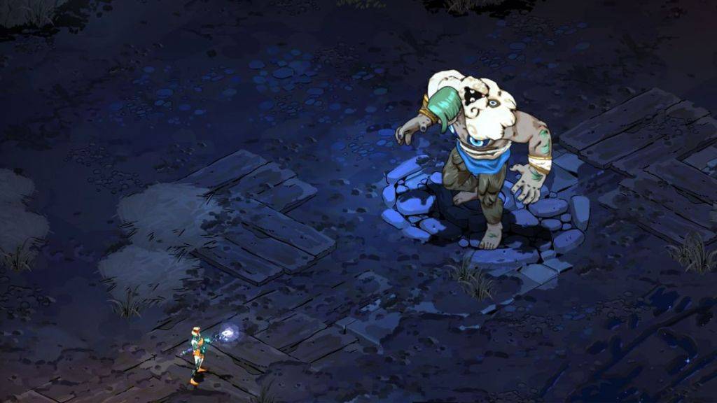 Screenshot from Hades 2, showing Melinoe about to face off against the massive Cyclops Polyphemus