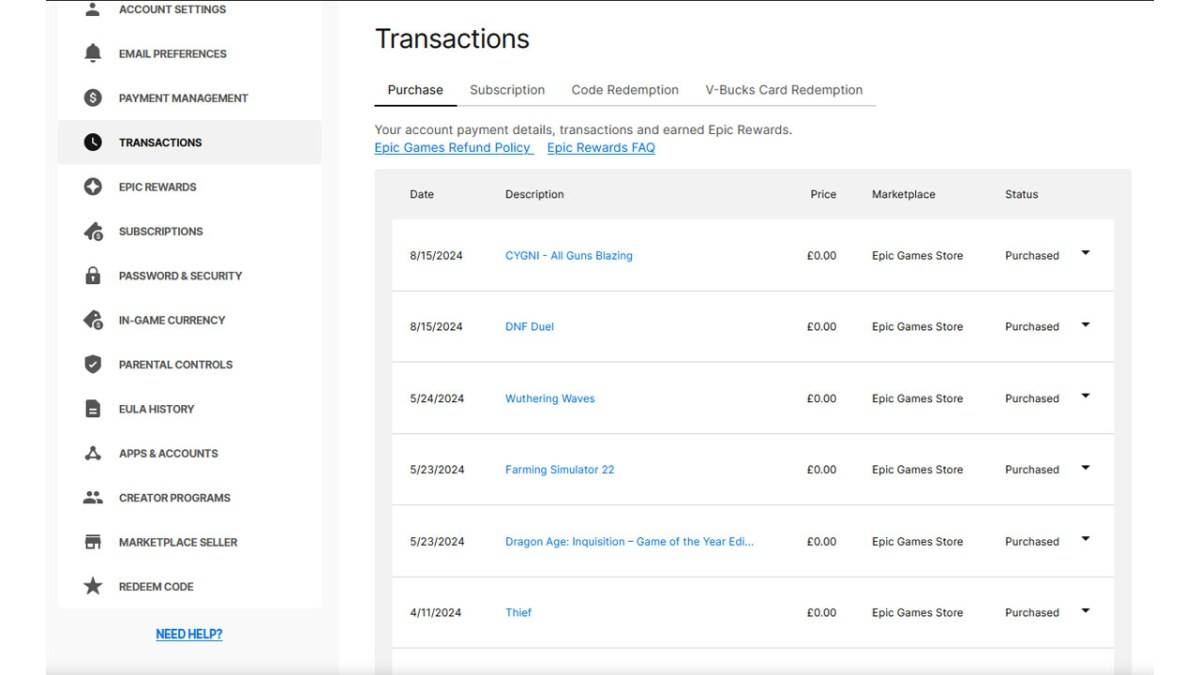Epic Games transactions page as part of an article about how to check how much money you have spent on Fortnite.