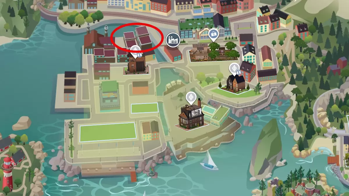 Sims 4 Nordhaven map highlighting the red houses