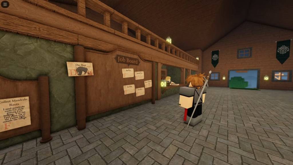 게임 내 직업 게시판을 확인 중인  룬 슬레이어 캐릭터