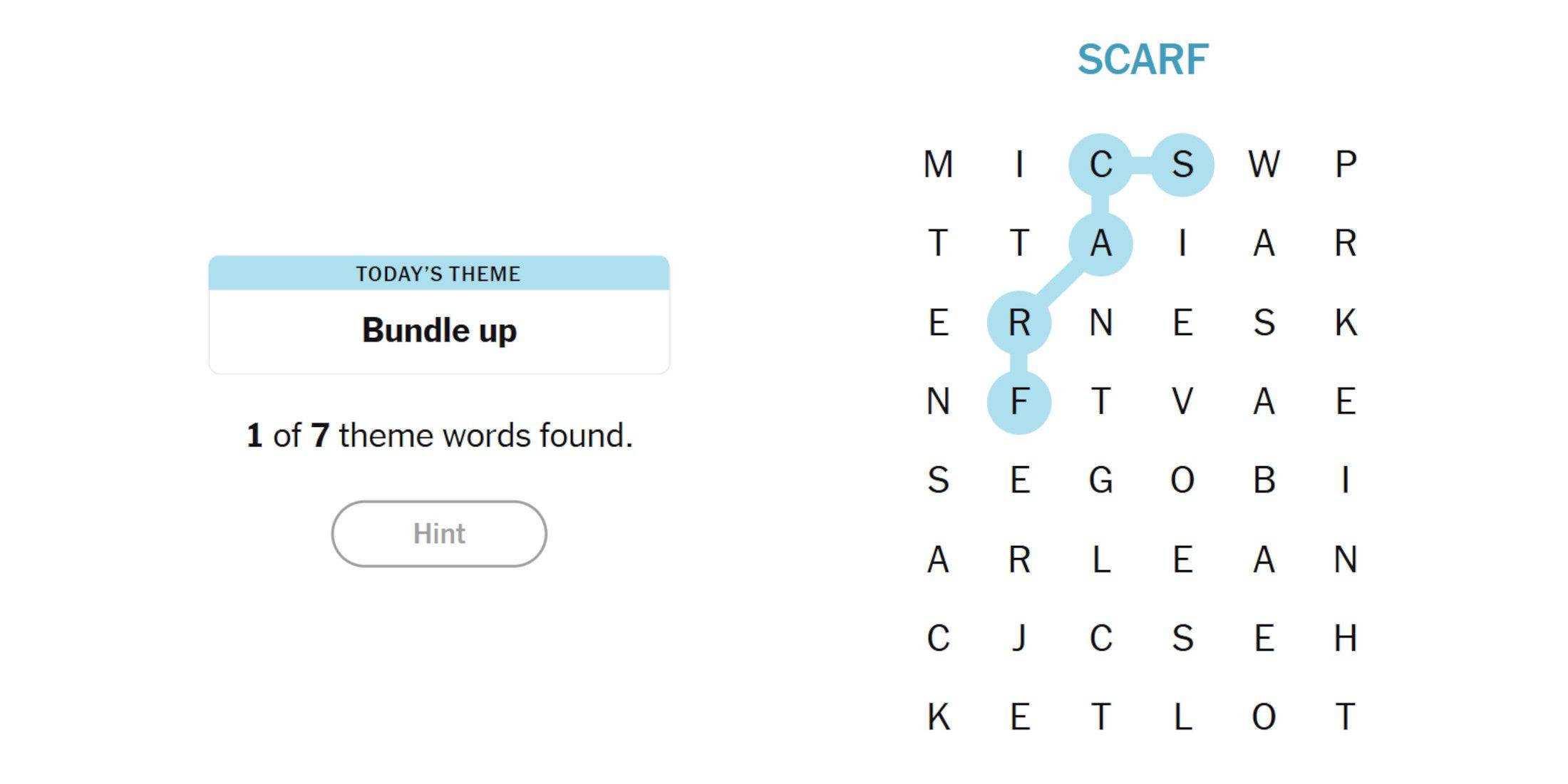 Scarf location in Strands puzzle