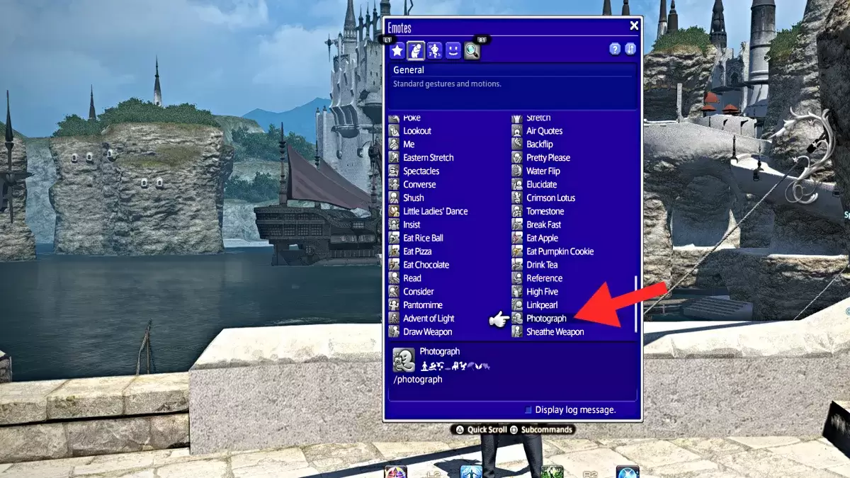 Ang screenshot na nagpapakita ng litrato ng emote sa Final Fantasy XIV
