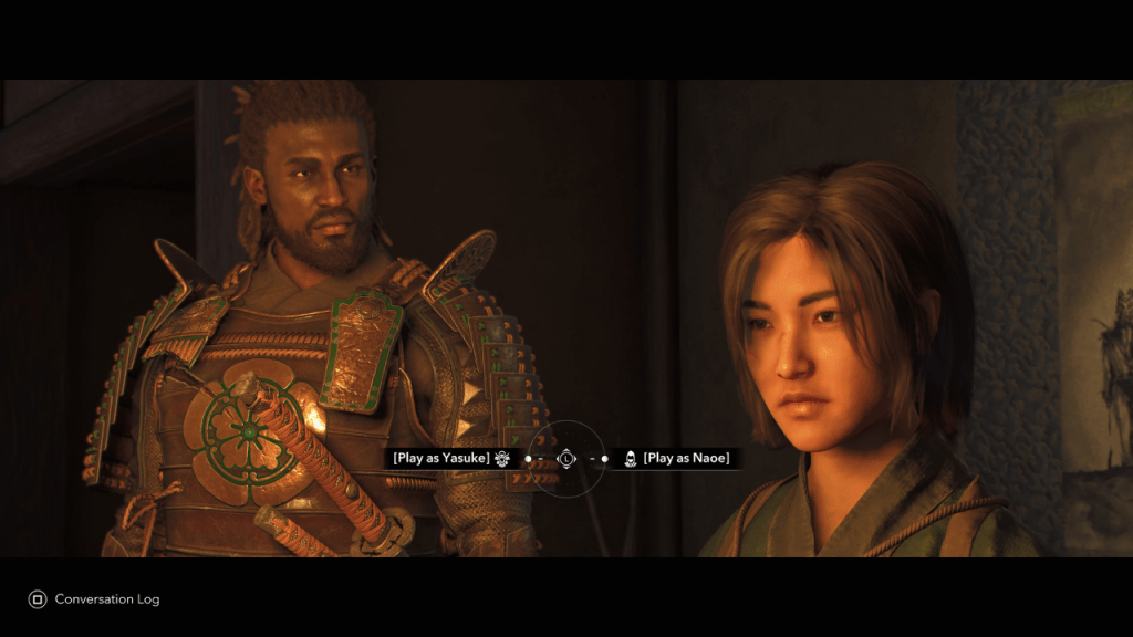 cutscenes บางตัวอนุญาตให้ผู้เล่นเลือกระหว่างการเล่นเป็น Yasuke และ Naoe ในเงามืดของ Assassin