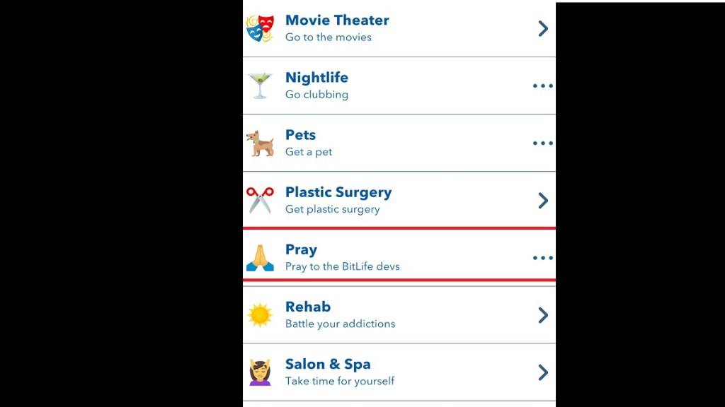 Option, im Bitlife -Aktivitätsmenü zu beten